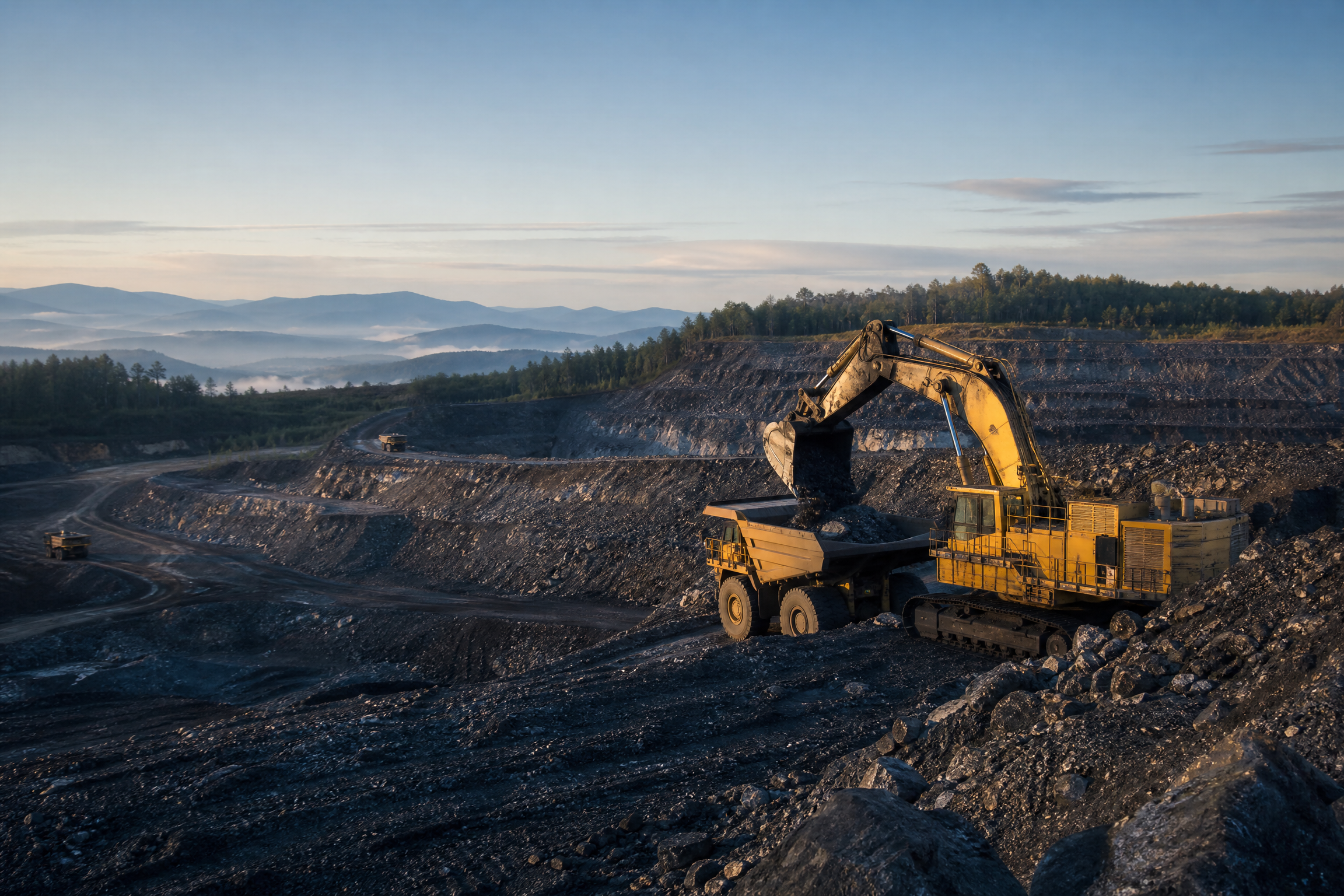 Active Appalachian surface mine with excavator and haul trucks.