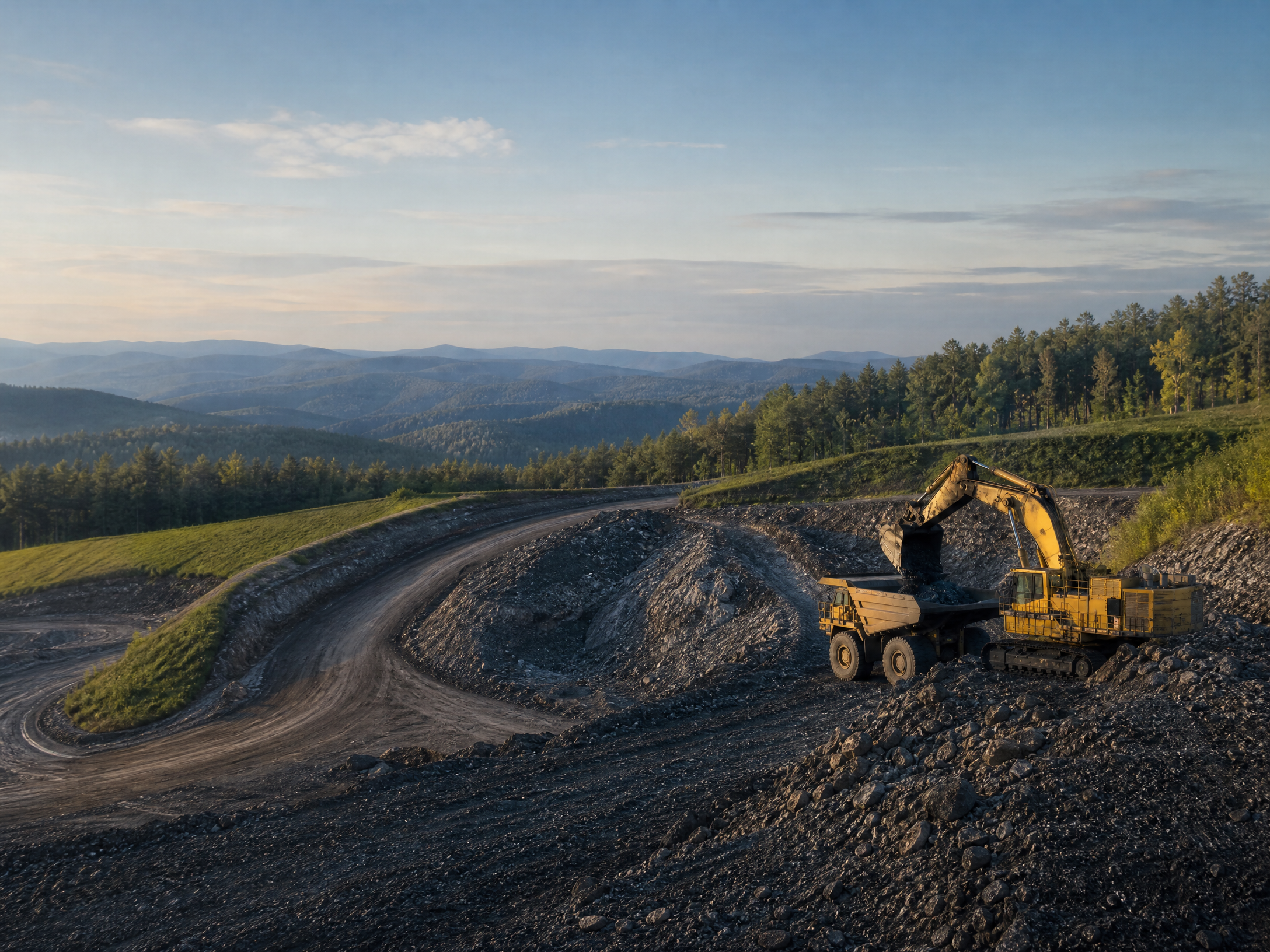 Organized mining operation with haul truck, excavator, and reclaimed terrain.
